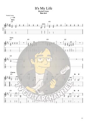 It's My Life-Bon Jovi Rhythm Guitar 彈奏建議: RhythmGuitar伴奏吉他六線譜，Solo Part點擊下載。 原曲速度120，使用大量C和弦以及八分音符悶音切音，非常適合初學者練習使用。 建議搭配節拍器練習。 原曲除了標準的破音之外還有使用大量Talkbox製造律動，如果沒有Talkbox可以使用Wah-Wah或是Phase來模擬，都沒有的話純開破音也是可以練習演出。 Rhythm Part示範影片點這裡 Solo Part示範影片點這裡 「想了解更多彈奏技巧？歡迎聯絡我們了解吉他教學課程。」