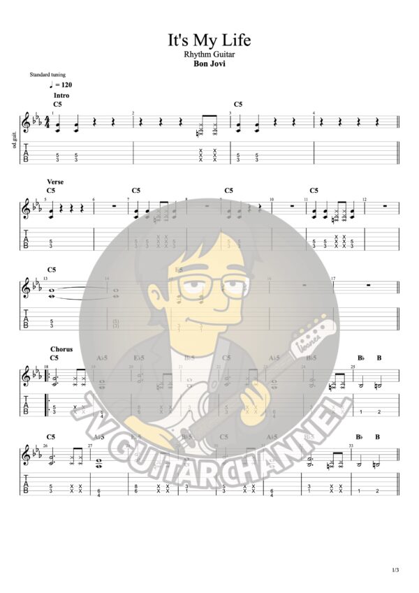 It's My Life-Bon Jovi Rhythm Guitar 彈奏建議: RhythmGuitar伴奏吉他六線譜，Solo Part點擊下載。 原曲速度120，使用大量C和弦以及八分音符悶音切音，非常適合初學者練習使用。 建議搭配節拍器練習。 原曲除了標準的破音之外還有使用大量Talkbox製造律動，如果沒有Talkbox可以使用Wah-Wah或是Phase來模擬，都沒有的話純開破音也是可以練習演出。 Rhythm Part示範影片點這裡 Solo Part示範影片點這裡 「想了解更多彈奏技巧？歡迎聯絡我們了解吉他教學課程。」